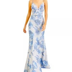 B Darlin Blue Floral Sparkly Prom dress